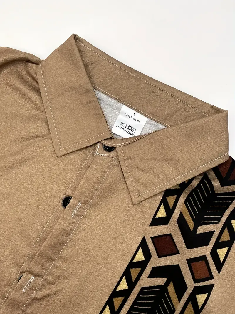 Men's Ethnic Tribal Pattern Short Sleeve Lapel Shirt For Summer, Casual Comfy Shirts As Gift