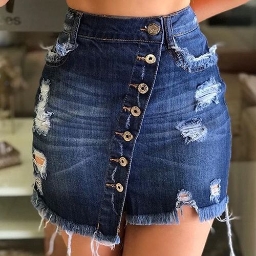 Ripped Asymmetric Single-breasted Raw Hem Denim Skirt, Medium Stretch Whiskering Distressed Denim Skirt, Women's Denim Jeans & Clothing