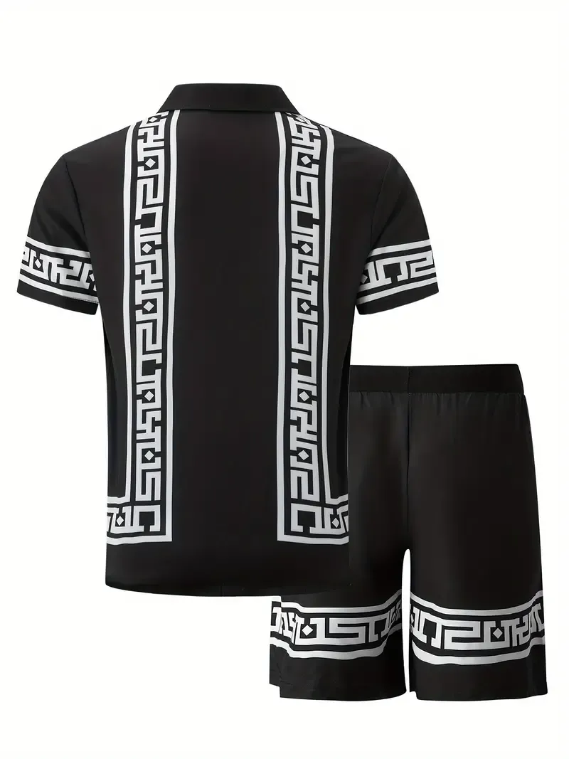 2-piece Men's Short Sleeve Stylish Pattern Outfit Set, Lapel Shirt & Color Block Shorts for Summer Beach Vacation