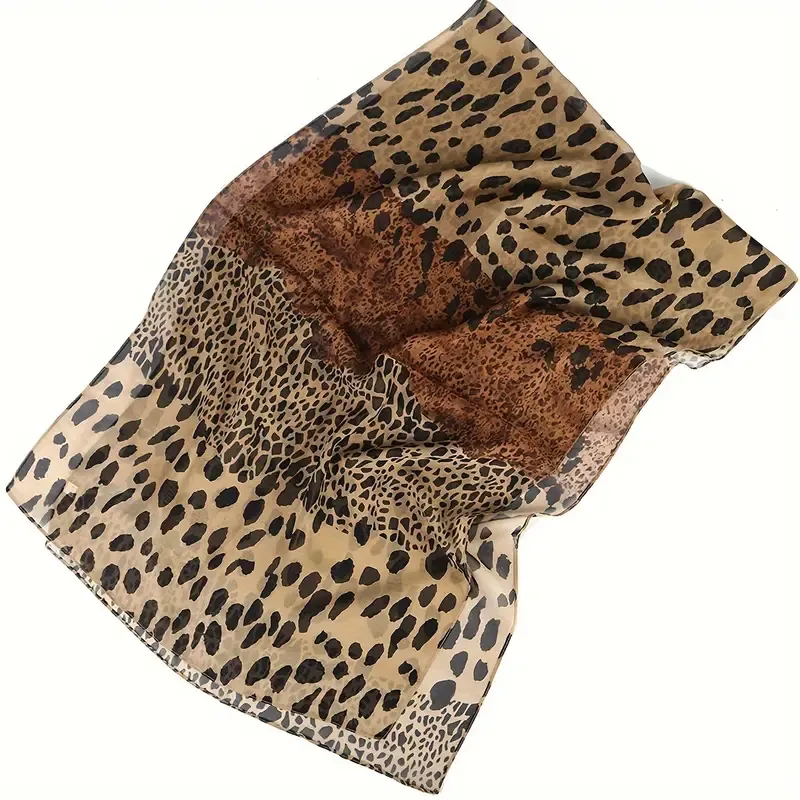 Boho Style Leopard Print Scarf for Women - 100% Polyester, Inelastic, Non-Feathered, Printed Chiffon Shawl - Windproof, Warm, Breathable Head Wrap for Going Out, Travel, Beach - 1PCS