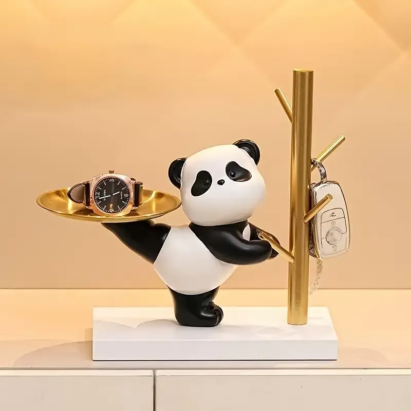 Panda Figurine Key Holder and Trinket Tray - Metal & Resin Cartoon Bear Jewelry Stand for Various Room Types - Multipurpose Indoor Outdoor Home Decor Accent for Office, Living Room - Ideal for Housewarming  Holiday Gifts (1 Piece)