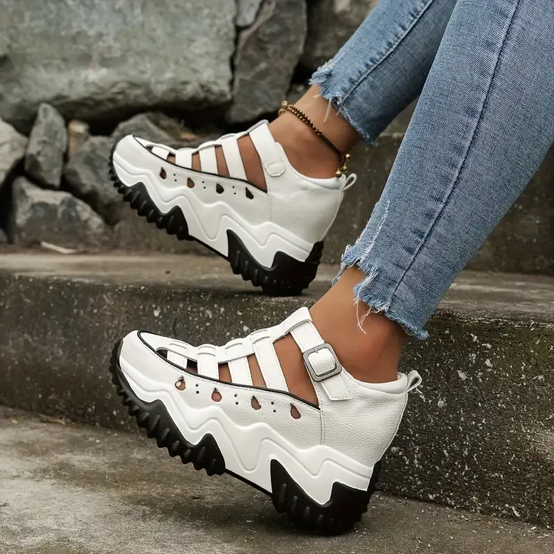 Women's Platform Wedge Sandals, Hollow Out Colorblock Buckle Strap Shoes, Fashionable Heightening Sandals