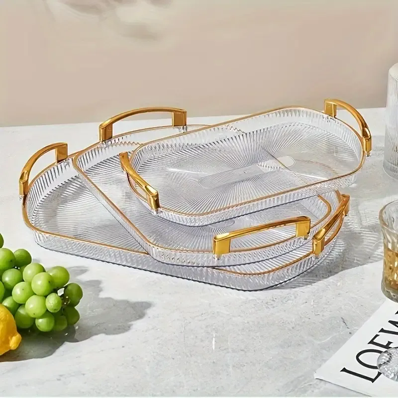 3pcs European Style Gold-Rimmed Acrylic Serving Tray, Rectangular Decorative Platter with Handles for Fruit, Tea, Desserts, and Jewelry Display