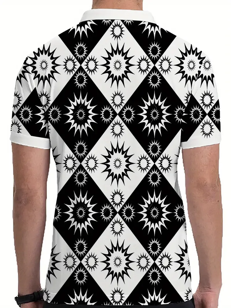 Men's Fashion Printed Polo Shirt - Casual Short Sleeve Regular Fit Knit Polyester Top with Lapel Collar and Zipper Detail - All Over Graphic Pattern Polo for Summer
