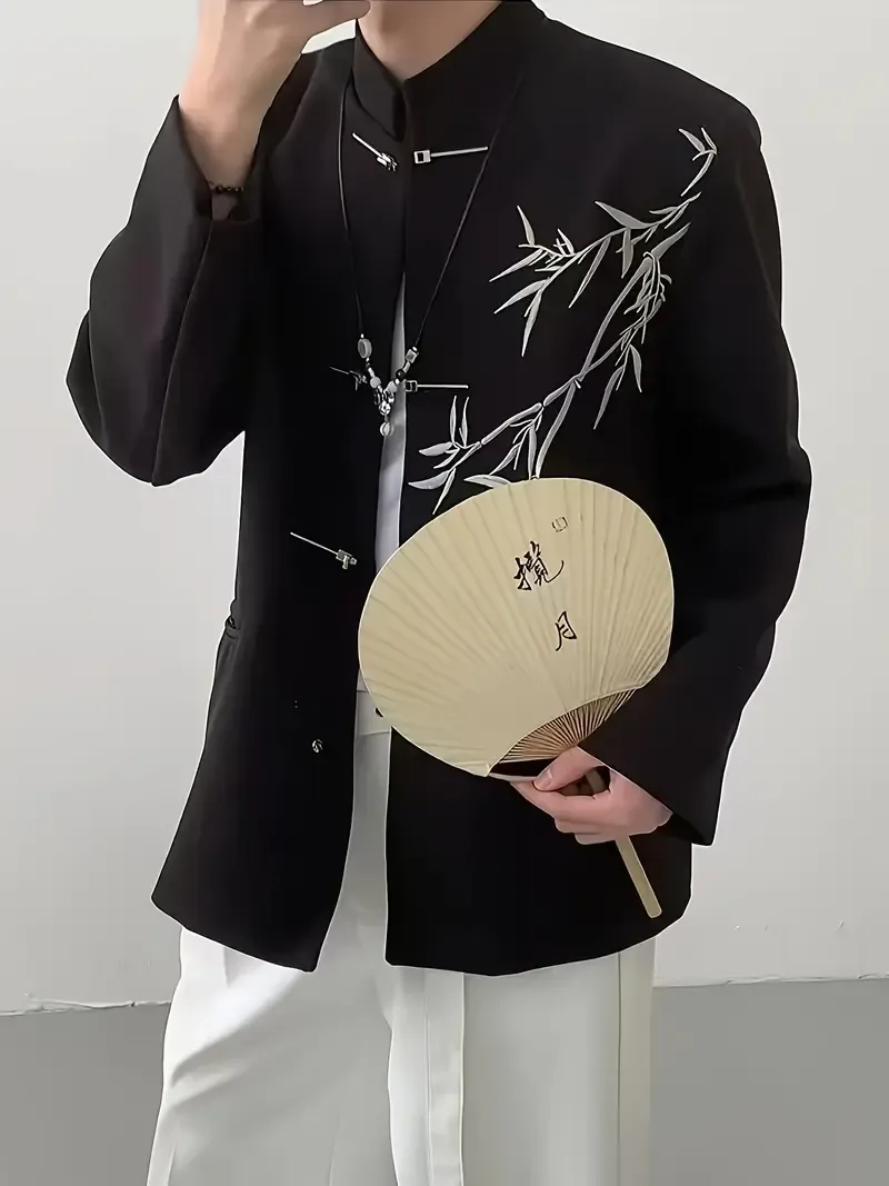 Chic Spring/Summer Design Men's Traditional Chinese Style Jacket with Bamboo Leaf Embroidery - Relaxed Fit, Long Sleeves, Single Button Closure, and Pockets