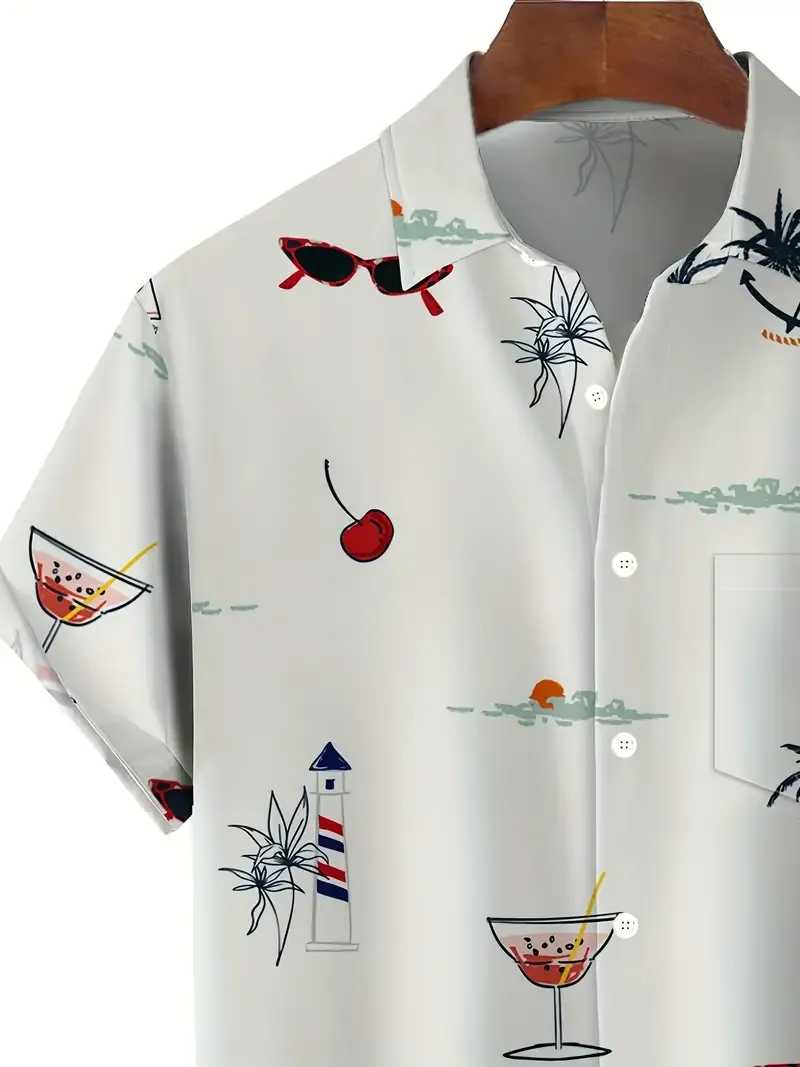 Men's Trendy Hawaiian Lapel Collar Graphic Shirt With Stylish Print For Summer Beach, Pool And Resort, Comfort Fit