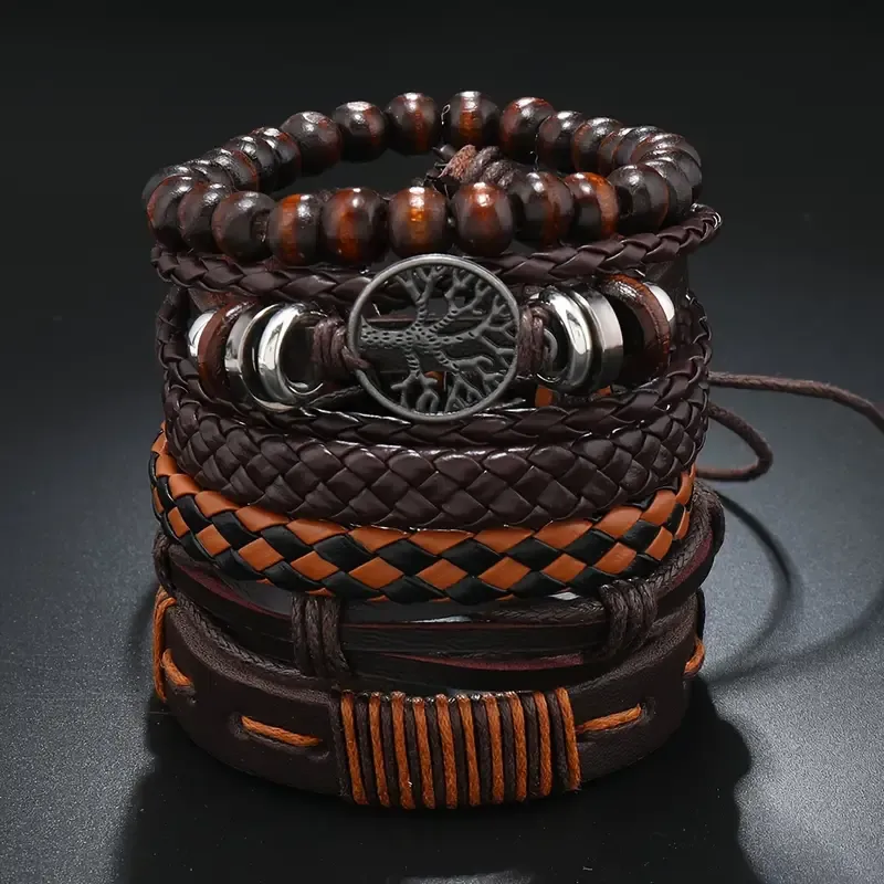 6pcs Woven Men's Multi-layer Faux Leather Bracelet, Coffee Color Retro Minimalist Life Tree Bracelet