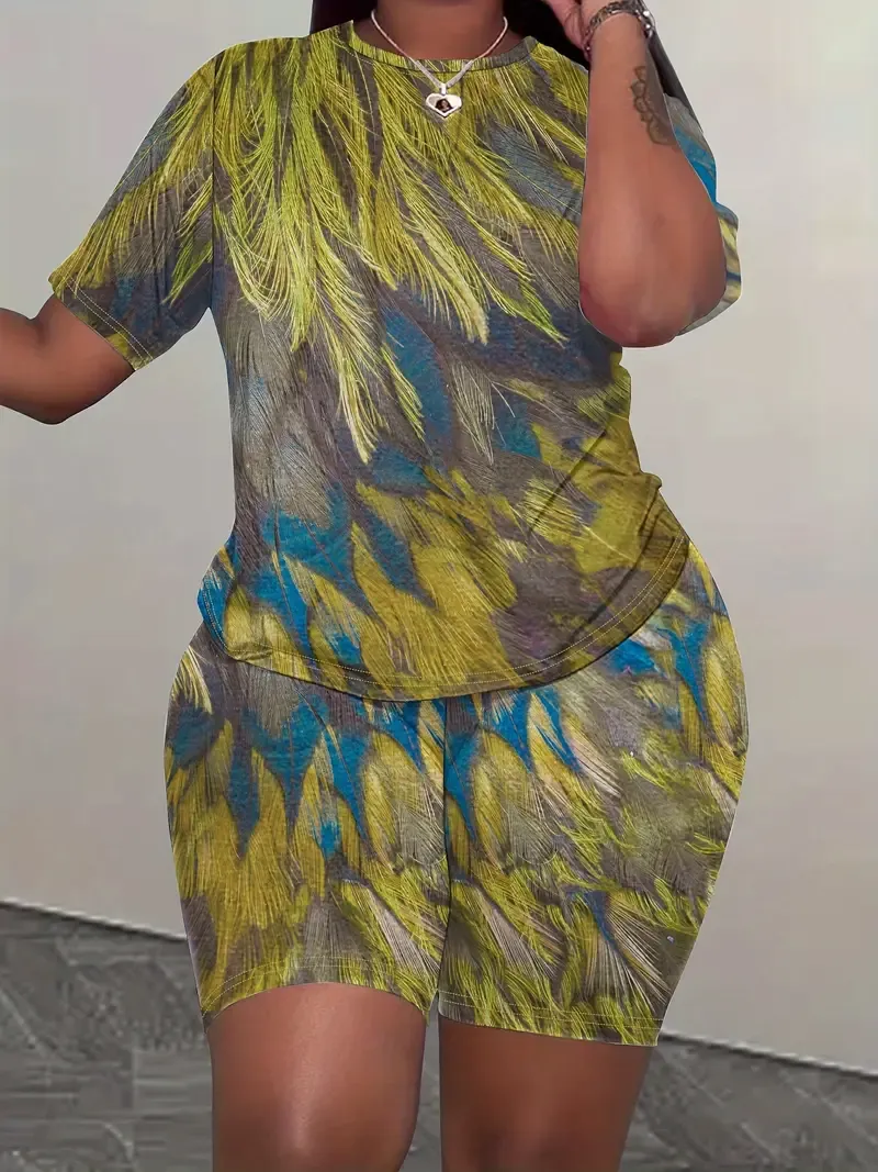 Feather Print Matching Two-piece Set, Casual Short Sleeve T-shirt & Skinny Shorts Outfits, Women's Clothing
