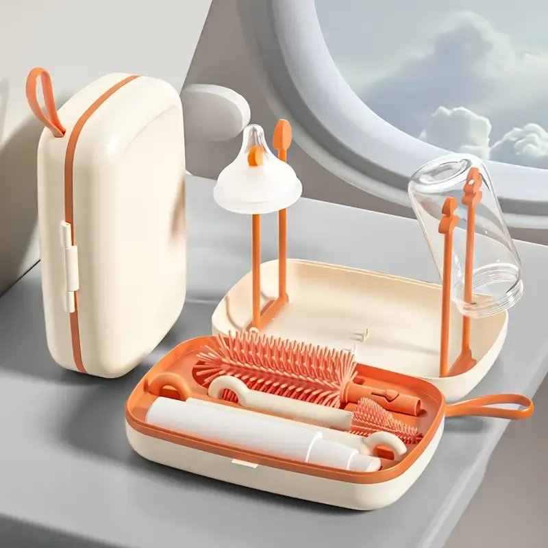 Silicone Bottle Brush And Pacifier Brush With Storage Box, Draining Rack, And Straw Brush, Home And Travel Use