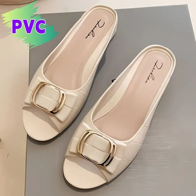 Women's Solid Color PVC Sandals, Buckle Decor Soft Sole Flat Casual Walking Slides, Non-slip Summer Slides