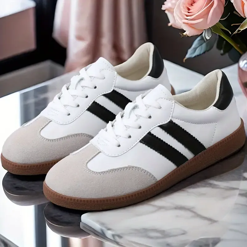 Women's Striped Pattern Flat Sneakers, Casual Lace Up Outdoor Shoes, Comfortable Low Top Shoes
