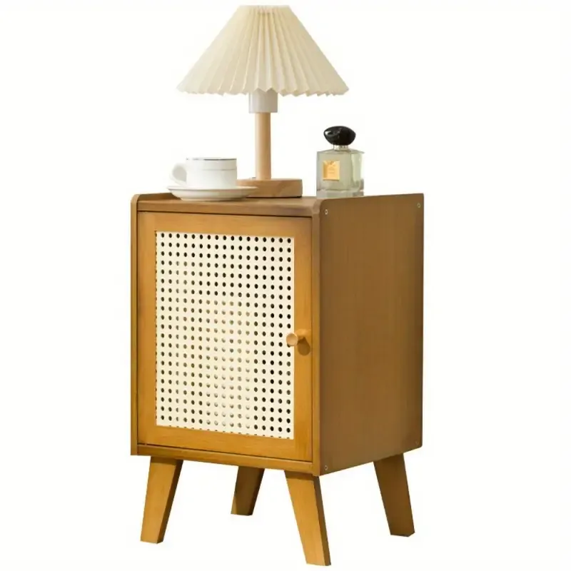 Boho Chic Imitation Rattan Nightstand - Versatile Side Table with Solid Wood Legs for Bedroom, Dorm & Small Spaces