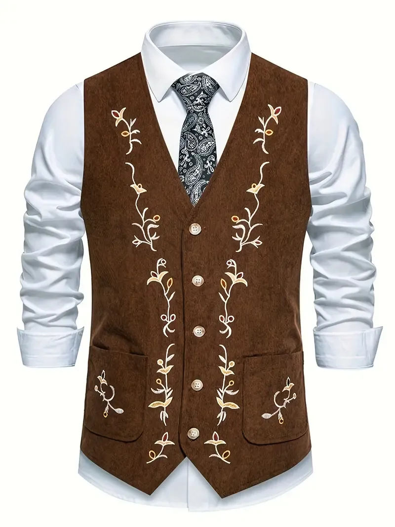 Men's Retro Embroidered Corduroy Vest, Button-Down V-Neck Waistcoat