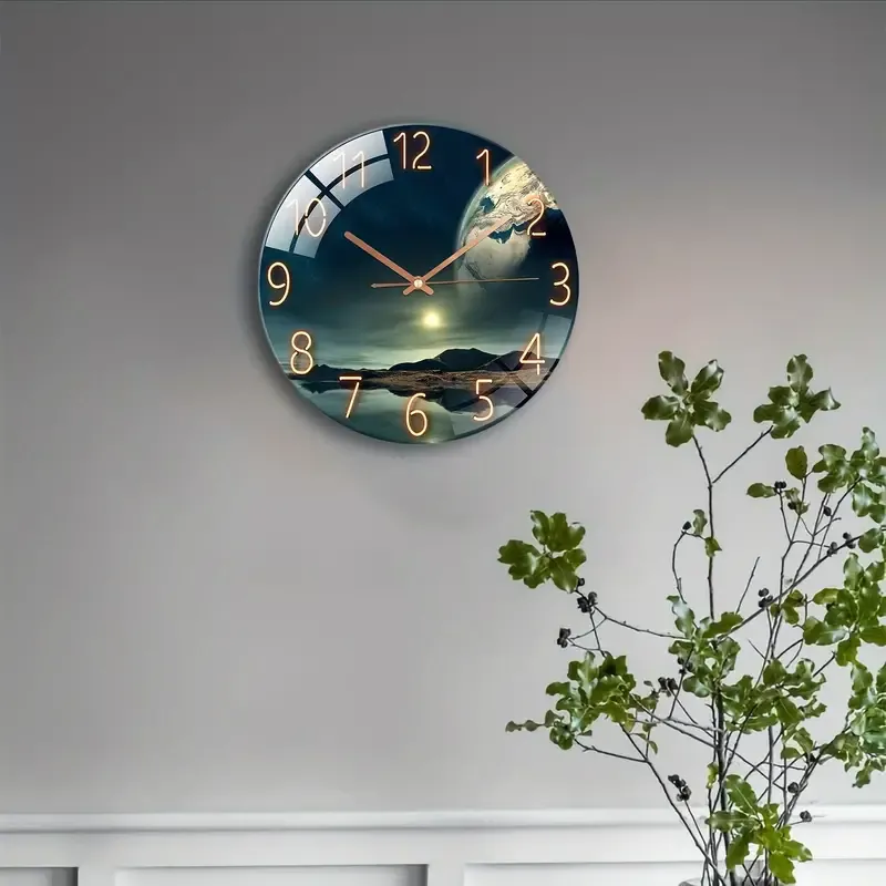 12-Inch Silent Glass Wall Clock with Earth Landscape Design - Thick Tempered Glass, Battery Operated (AA), Perfect for Living Room & Bedroom Decor, Ideal Gift for Christmas, Halloween, Birthdays