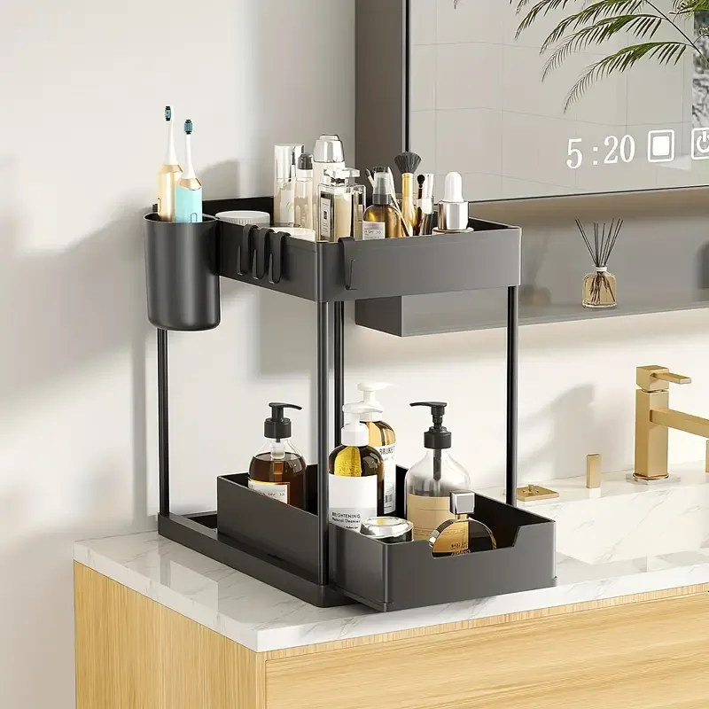 Sliding Under Sink Organizer With Hooks