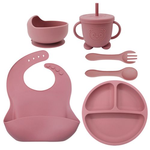 6pcs Silicone Youngsters Feeding Set with Strong Suction - Includes Divided Plate, Wooden Spoon & Fork, Microwave Safe - Perfect for Self-Feeding Youngsters