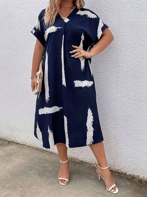 Plus Size Casual Dress, Women's Plus Brush Print Short Sleeve V Neck Slight Stretch Maxi Dress With Belt