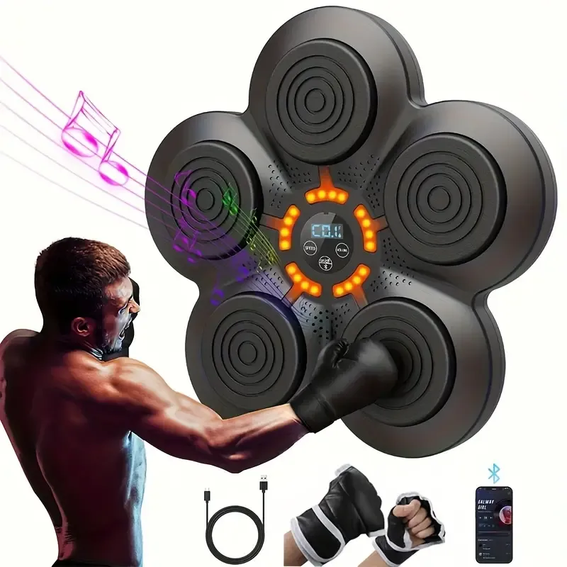 Smart Interactive Boxing Trainer Set, Wall-Mounted Punching Machine with USB Charging, Rhythm Lighting Effects, and Stereo Speakers, for Gym-Style Workouts, Punch-Free Installation, Adjustable Height, Includes Music Connectivity Feature, Suitable for Users Aged 14 and Up - Black