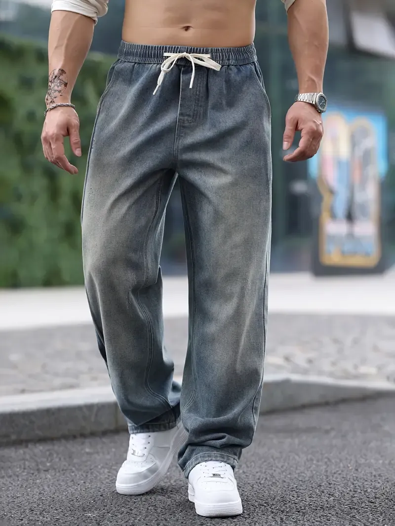 Loose jeans for men with wide legs and drawstring, stylish and comfortable jeans can be worn all seasons