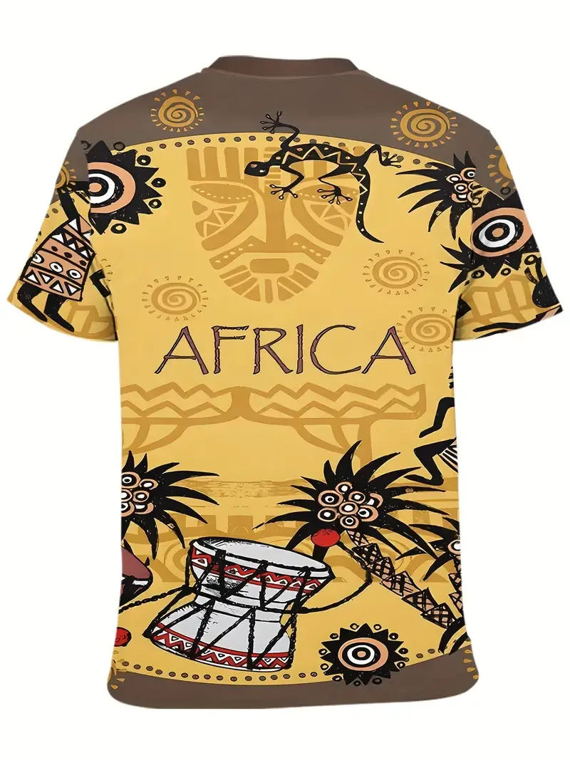 AFRICA Themed 3D Ethnic Pattern Print Men's Crew Neck Short