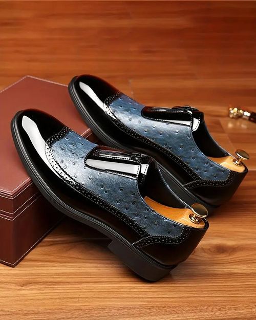 Formal leather shoes with embossed patterns, zip fastening, pointed toe, men's shoes Shiny leather Chelsea boots for men