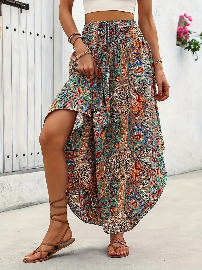 Paisley Print Shirred Waist Skirt, Boho High Waist Curved Hem A-line Tie Skirt For Spring & Summer, Women's Clothing