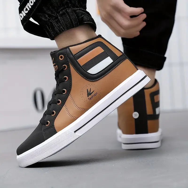 Comfy Non Slip Men's High Top Skateboard Shoes Solid Classic Trendy Lace Up for Outdoor Walking Hiking Jogging All Seasons