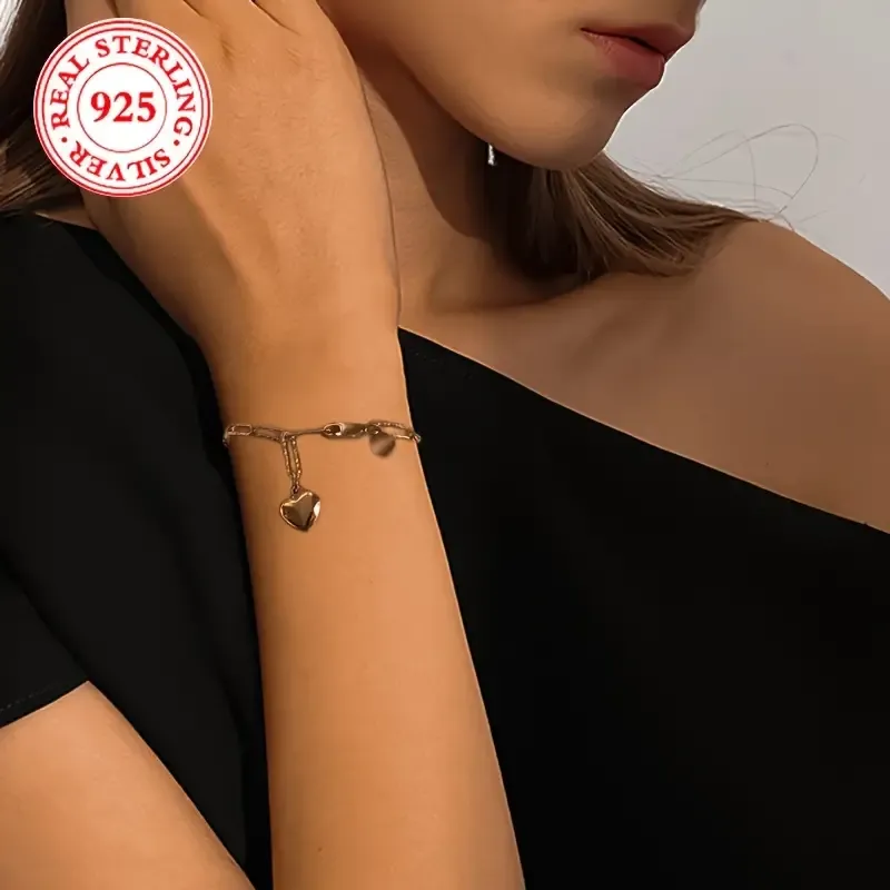 1pc S925 Sterling Silver Chain Bracelet,  Rectangle Pin & Heart Charm, Fashion Vintage Simple Style