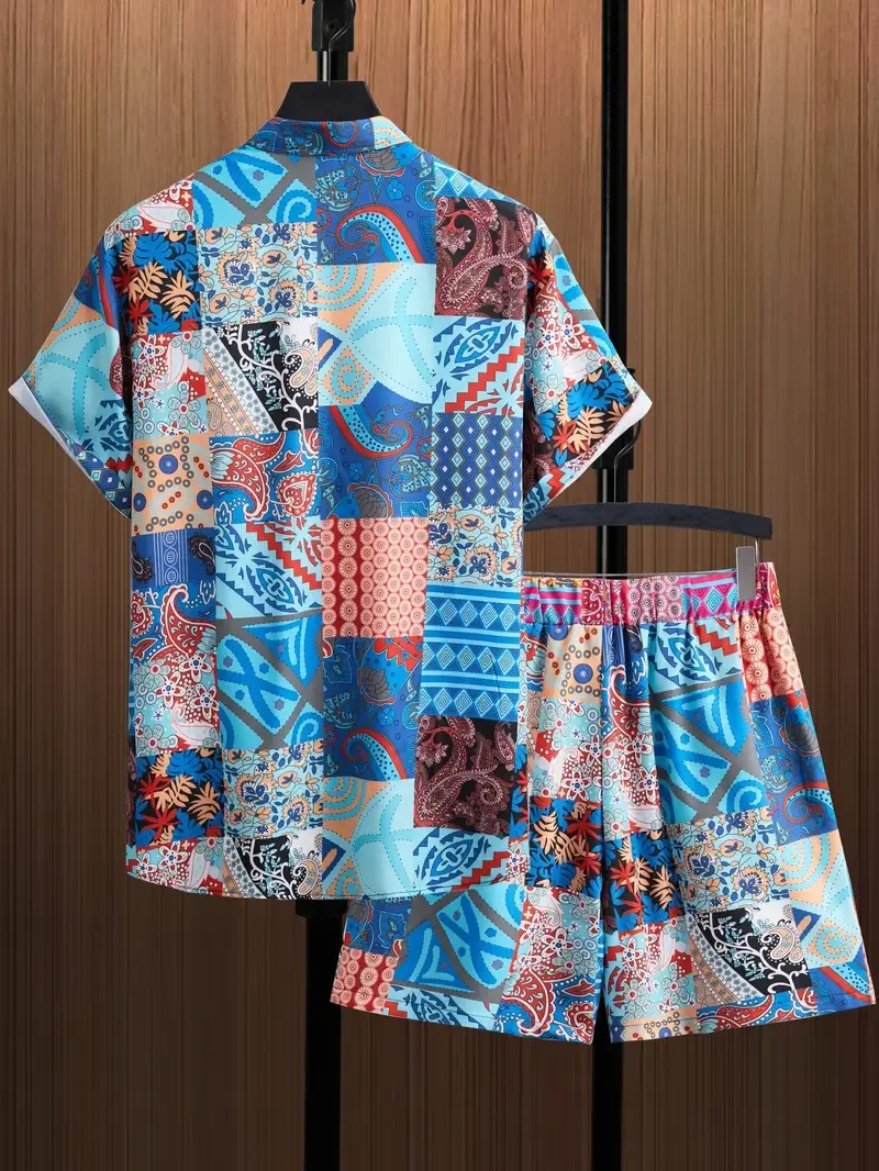 Ethnic Color Block Men's 2Pcs Outfits, Casual Camp Collar Lapel Button Up Short Sleeve Shirts Hawaiian Shirt And Drawstring Shorts Set For Summer, Men's Clothing