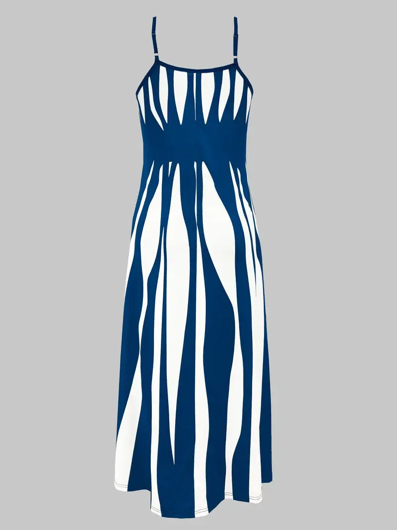 Striped Spaghetti Strap Dress, Elegant V Neck Sleeveless Cami Dress For Spring & Summer, Women's Clothing