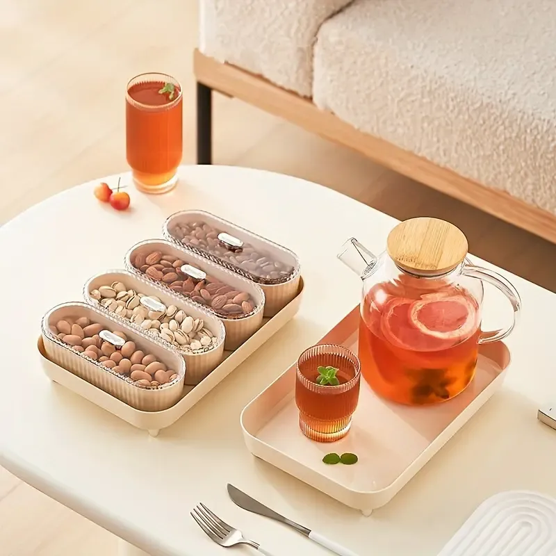 4pcs Oval Storage Box with Cover for Nuts and Fruits - ABS Manual Snack Organizer, Living Room Tabletop Dry Fruit Bowl for New Year Party - Home Organization Decor, Spring Festival Supplies