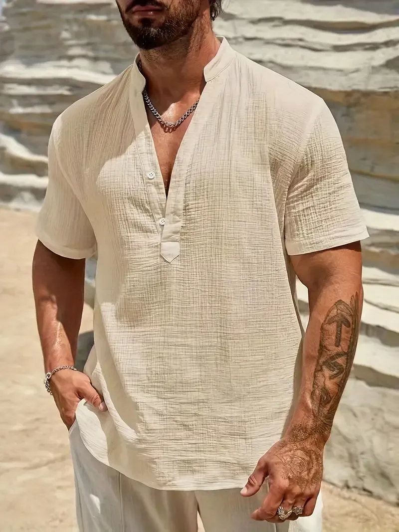 Men's Solid Cotton Short Sleeve Henley Shirt Top, Male Casual Half Button Up Shirt For Daily And Vacation Resorts Beach