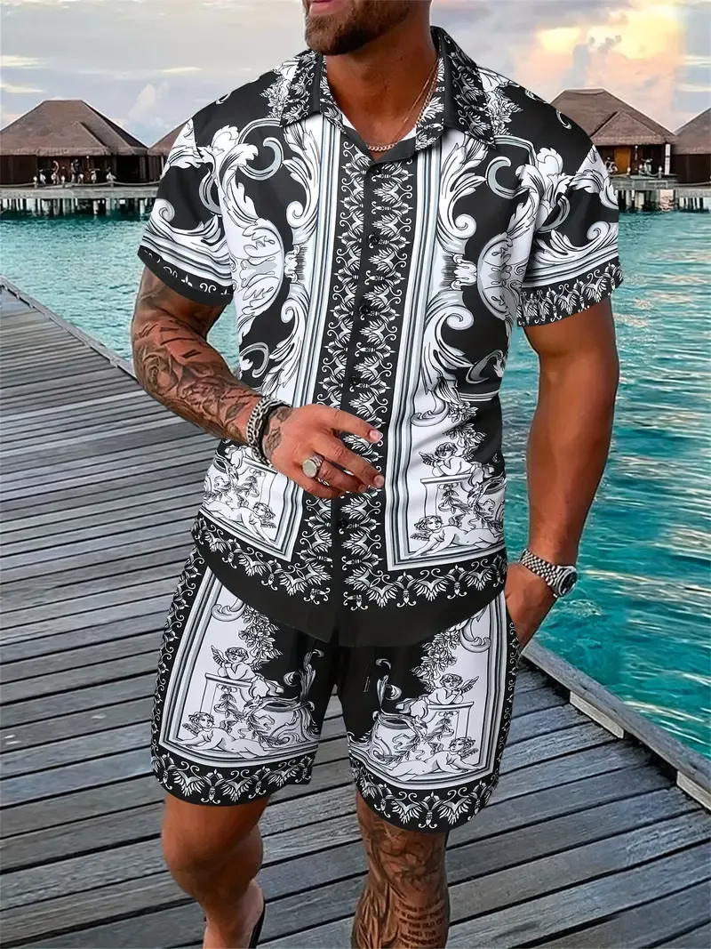 Men's Casual Summer Outfit Set, Short Sleeve Shirt And Pants, Polyester Blend, Geometric Pattern, Regular Fit, Machine Washable