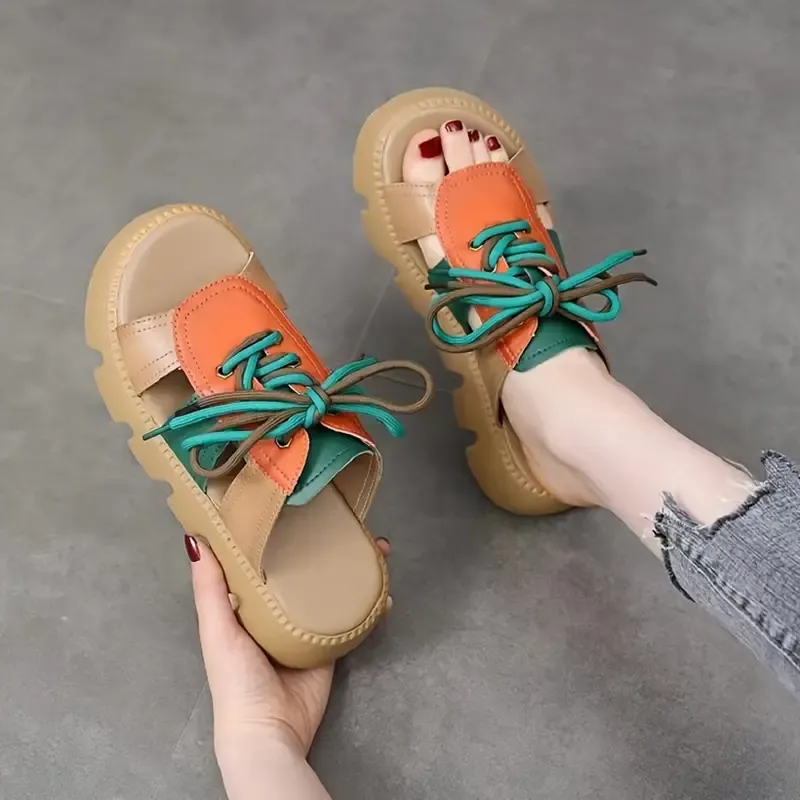 Women's Colorblock Slide Sandals, Casual Open Toe Summer Shoes, Comfortable Lace Up Slide Sandals