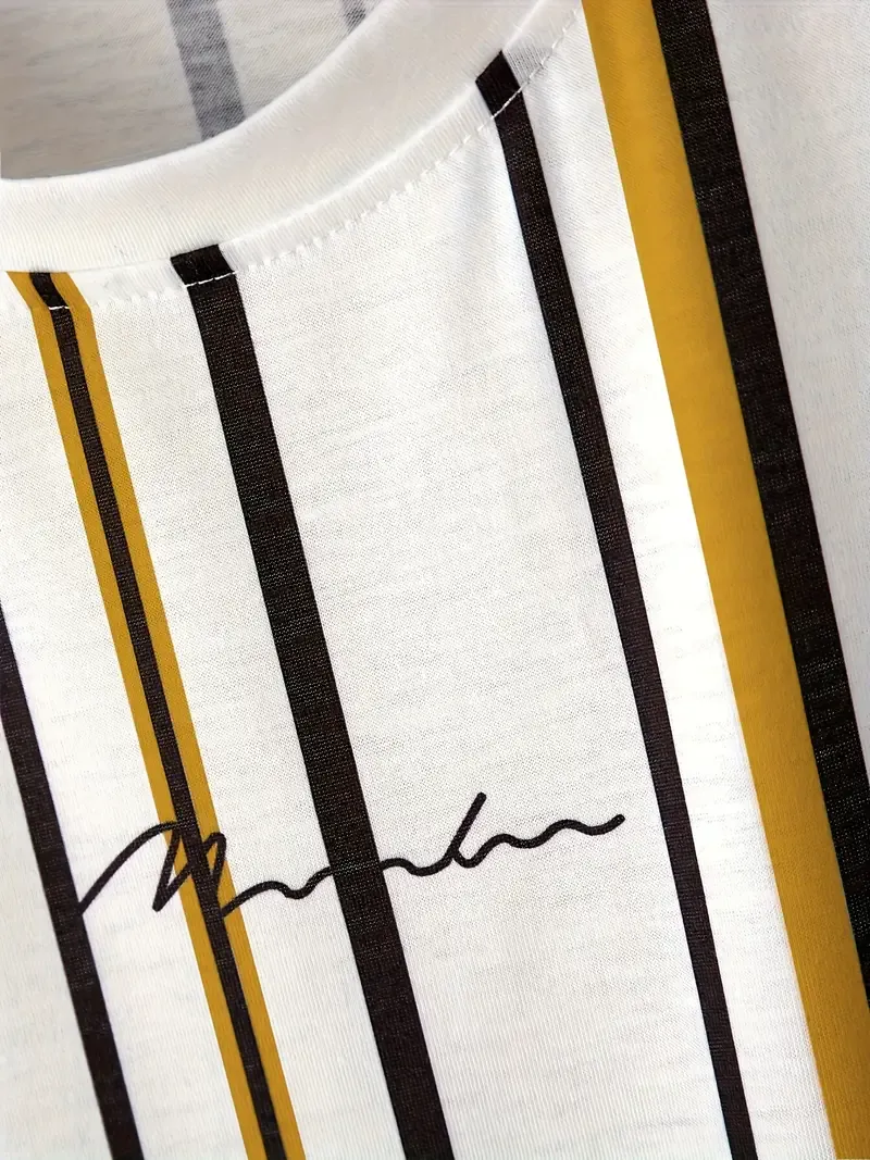 Graffiti Letter And Stripe Print Crew Neck And Short Sleeve Summer Fashion T-shirt, Leisure Tops For Men's Outdoors And Casual Wear