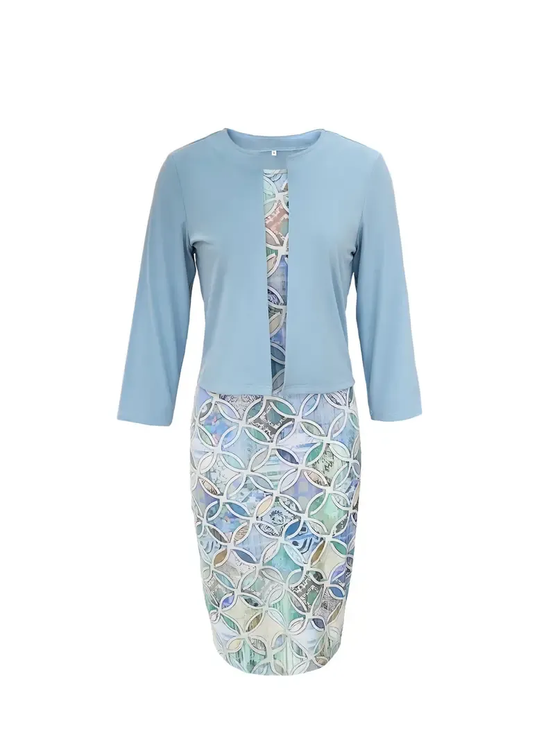 Elegant Two Piece Set, Outwear & Geo Pattern Crew Neck Tank Dress, Women's Clothing