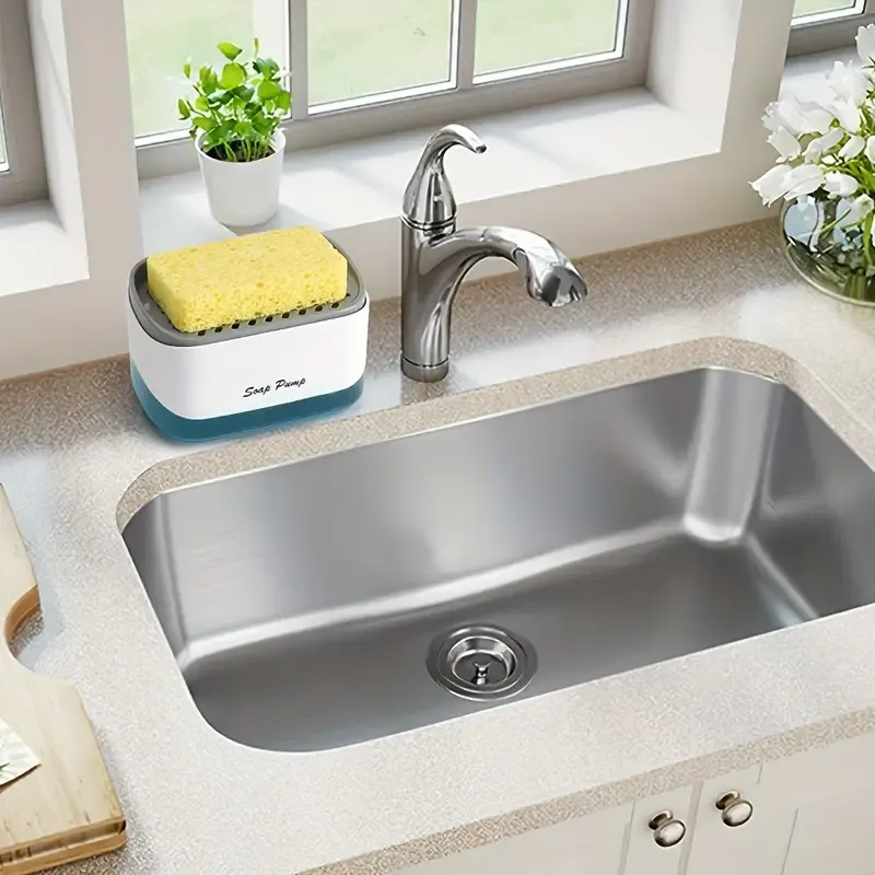 1pc, Press Type Soap Dispenser Box, Multi-functional Sponge Draining Box For Kitchen Cleaning Sponge Scrubbing Detergent Dispenser, Dish Soap Dispenser, Countertop Soap Pump Dispenser, Easy Refill Non-Slip Base, Cleaning Supplies, Kitchen Supplies