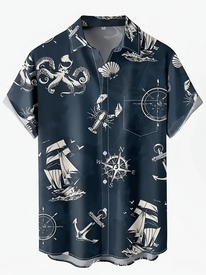 Marine Element Pattern Men's Short Sleeve Button Down Lapel Shirt For Summer Resort Holiday, Hawaiian Style