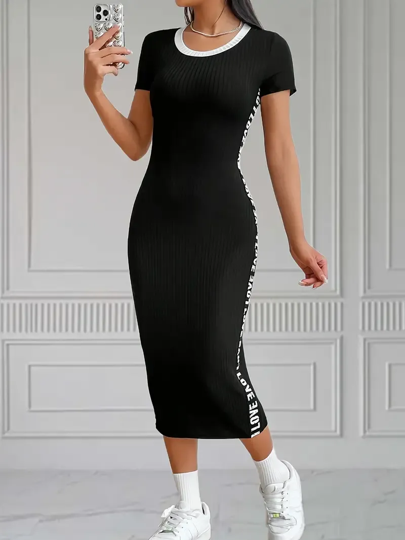 Short Sleeve Crew Neck Slim Fit Pencil Dress
