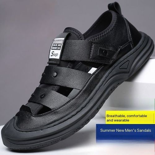 Summer Men's Casual Closed-Toe Sandals PU Manufacturer Wholesale Breathable Perforated Beach Shoes Cropped Shoes for Men