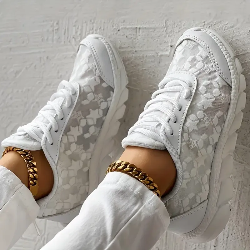 Women's Lace Solid Color Sneakers, Platform Lace Up Soft Sole Mesh Walking Shoes, Low-top Breathable Low-top Daily Footwear