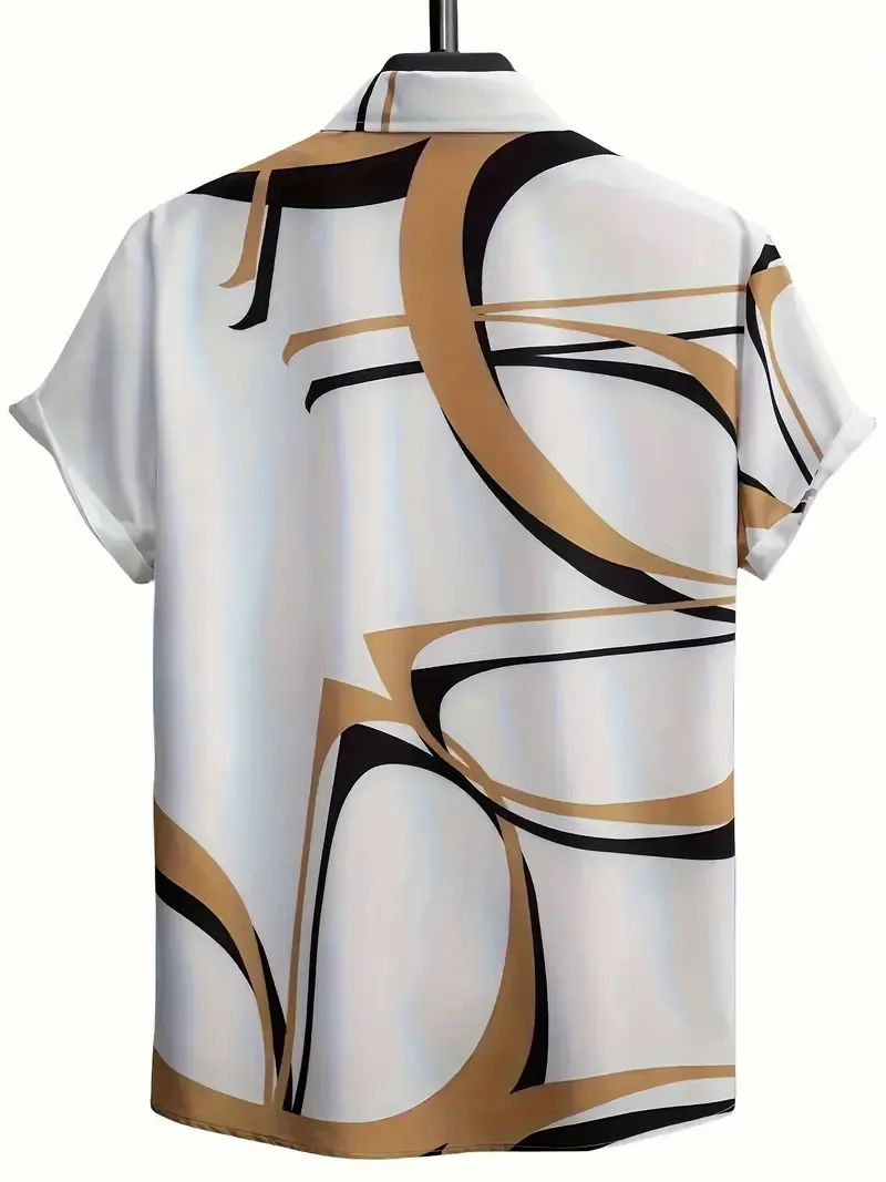 Men's Creative Alphabet Print Short Sleeve Lapel Shirt Top, Casual Button Up Shirt For Summer Daily Wear And Vacation Resorts