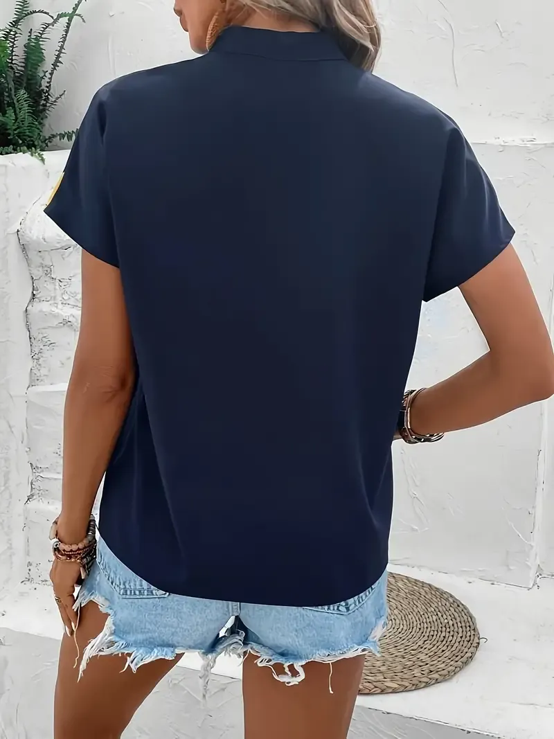Color Block Notch Neck Blouse, Casual Short Sleeve Blouse For Spring & Summer, Women's Clothing