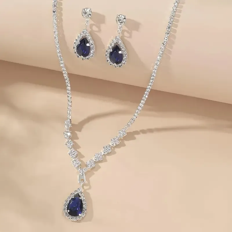 1 Pair Of Earrings and 1 Necklace Elegant Jewelry Set Silver Plated Inlaid Shining Rhinestone In Waterdrop Shape Engagement and Wedding Jewelry