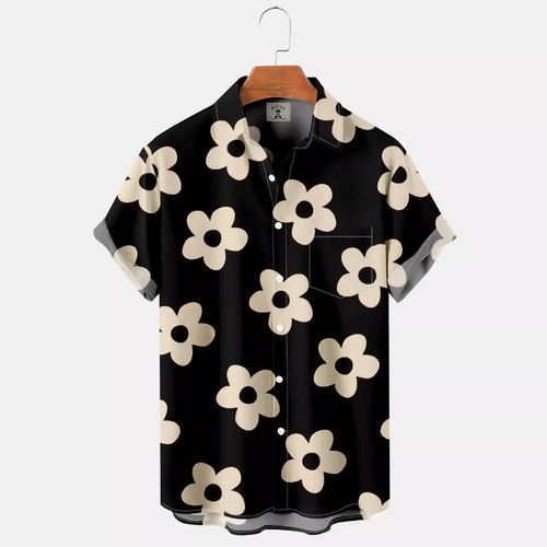 Men's Hawaiian Shirts, Flower 3D Print Fashion Short Sleeve V-neck Button Down Shirts, Men's Summer Clothes, Casual Graphic Tops, Men's Novelty Pajamas Tops