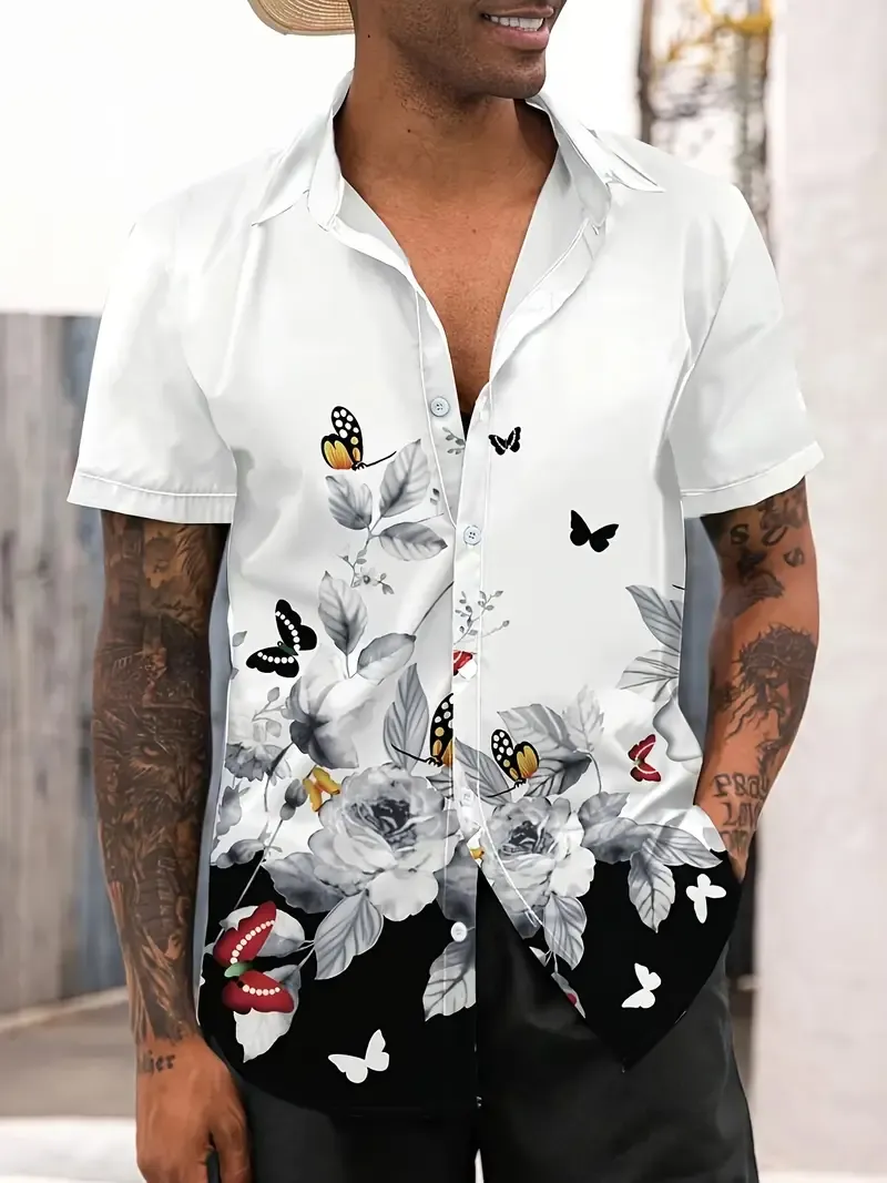 Men's Casual Polyester Shirt with Tropical Print, Short Sleeve Button-Down with Lapel Collar, Slight Stretch Fabric, Regular Fit, Summer Woven Shirt for Adults