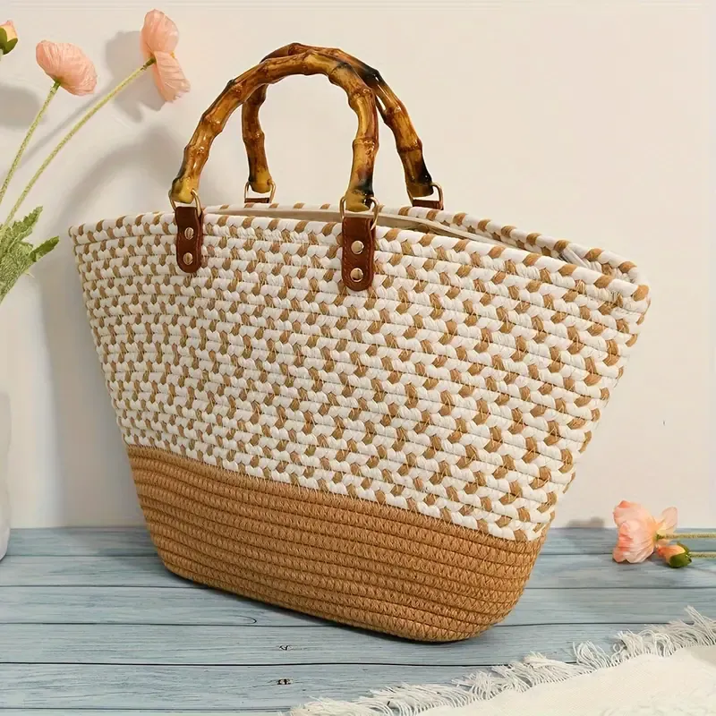 Women's Woven Bamboo Tote Bag, Retro Leopard Print Beach Vacation Casual Travel Handbag With Zipper Closure, Beige And White