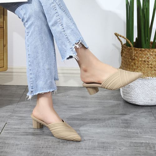Women's Slide Sandals - Stylish Pointed Toe, Mid-Heel with Chunky Heel, Fashionable & Versatile for Outdoor Wear, Available in Multiple Sizes, Colors: Rich Brown and Ebony, Striped Design