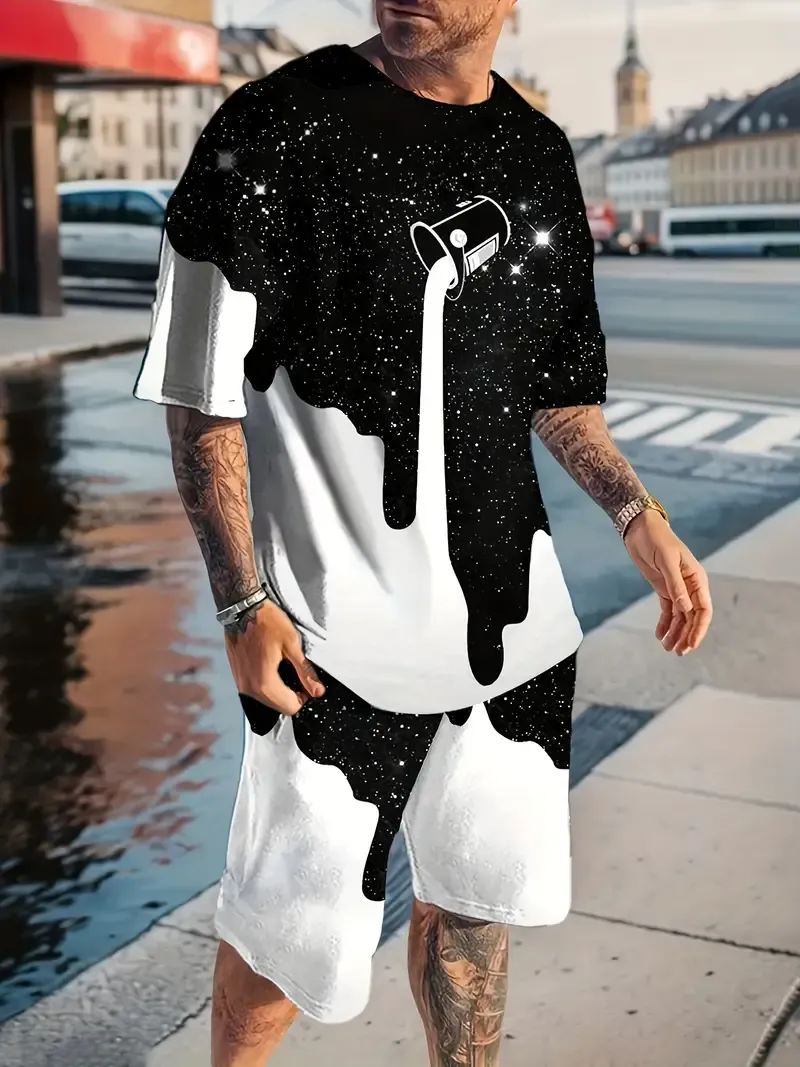 Men's Funny Cup Pattern Graphic Print T-shirt & Shorts Set For Summer, Contrast Color 2Pcs Outfits