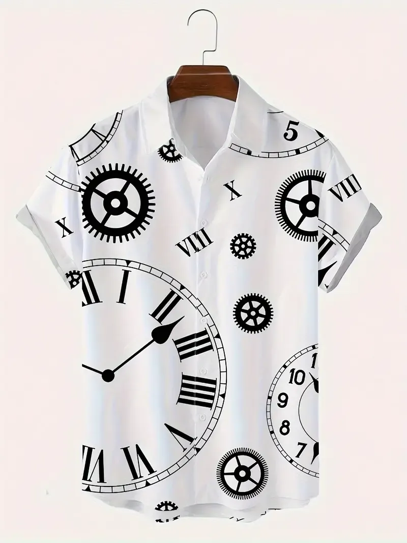 Retro Clocks Random Print Men's All-match Short Sleeve Lapel Shirt, Summer Holiday Top